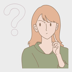 Curious woman pointing finger at chin, thinking, doubting, deciding, questioning, looking at question mark. Hand drawn flat cartoon character vector illustration.