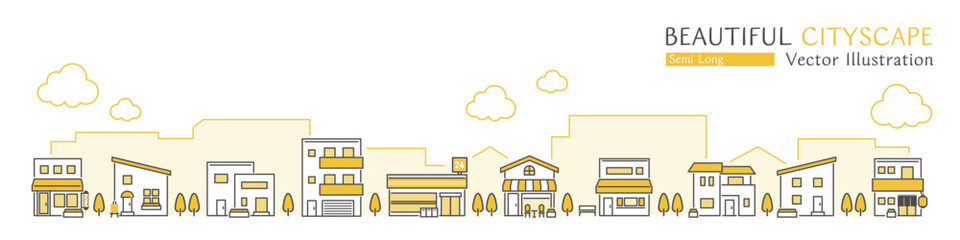 シンプルなお店や住宅が並ぶ美しい街並みのベクターイラスト