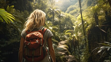 Female hiker, full body, view from behind, walking throuh the rainforest