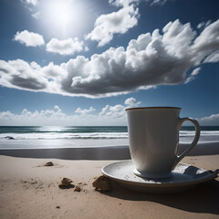 Generative KI Tasse Kaffee am Strand am Meer bei sonnigem Wetter und bewölktem Himmel