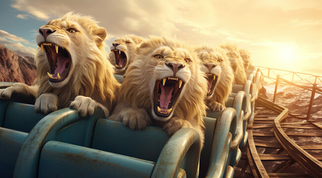 lions ride down a roller coaster, generative ai