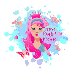 Pretty cartoon girl with pink hair, crown and chewing gum. More Pink please! Pink aesthetic. Vector illustration.