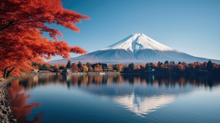 Naklejka premium Colorful Autumn Season and Mountain Fuji with morning fog and red leaves at lake Kawaguchiko is one of the best places in Japan