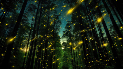 Dark green forest with many yellow fireflies