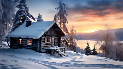 Winter with wooden house in snowy mountains.
