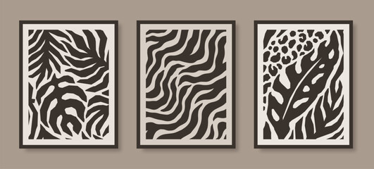 Abstract Palm Leaves and Zebra Stripes Posters Set. Modern Botanical Prints in Contemporary Minimal Style. Vector