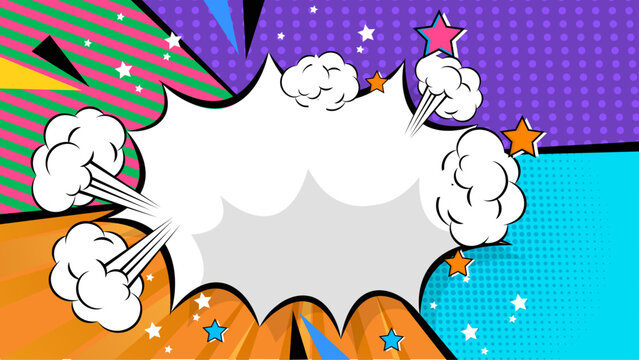 Colorful comic cartoon contrast background with halftone frame and lightning