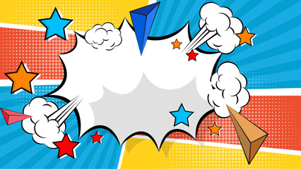 Colorful comic cartoon contrast background with halftone frame and lightning