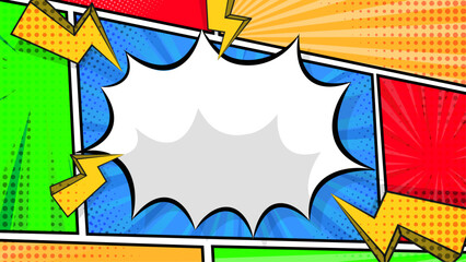 Colorful comic cartoon contrast background with halftone frame and lightning