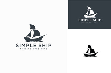 Simple Silhouette of Sails Ship on the Ocean. Sea Wave with Boat for Sailing Transportation or Nautical Logo Design