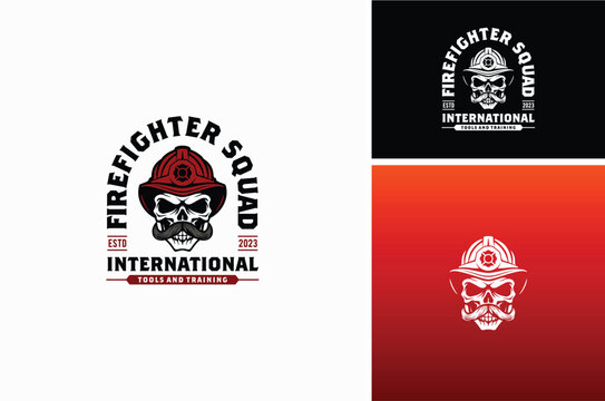 Mustache Skull Firefighter Wearing Fireman Helmet logo design