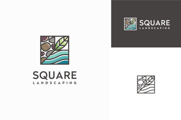 Gravel Leaf Water Arrangement for Landscaping Design. Plant Leaves Stones and Creek River Landscape for Nature Forest Environment Logo Design