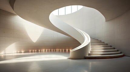  a spiral staircase in a white building with a circular window.  generative ai