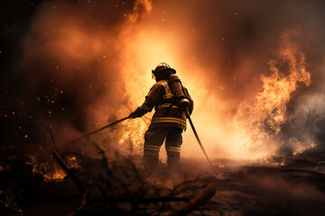 A firefighter in the woods, fighting fire