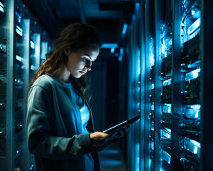 A specialist young woman working in the server room