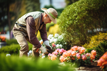 An amateur gardener taking care of plants in his garden