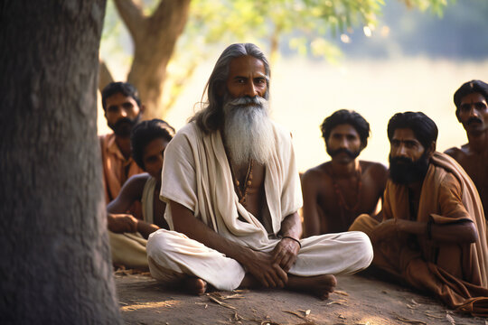 Old indian guru surrounded by his disciples