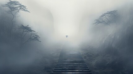  a person standing on a set of stairs in the middle of a foggy forest.  generative ai