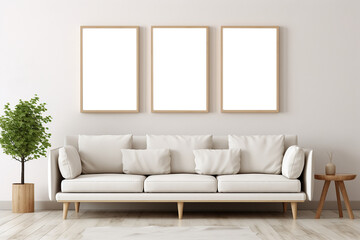 Beige sofa near white wall with three mock up poster frames. Mid century interior design of modern living room.