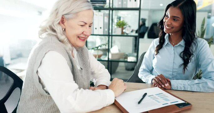 Business women, client handshake and meeting for retirement contract, pension and partnership or deal. Financial advisor and senior person shaking hands for introduction, welcome and asset management