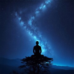 Silhouette of a person meditating at night  - obrazy, fototapety, plakaty