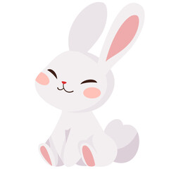 Flat vector illustration. Cute contented white hare. Children's illustration on white background . Vector illustration