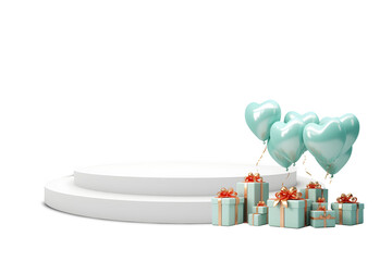 3D podium Valentine Gift boxes presents with heart shaped helium balloons decorations elements, Empty stage display presentation product, isolated on white and transparent background, ai generate