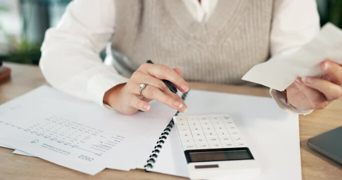 Woman hands, budget documents and calculator for business finance, bills or receipt in accounting. Accountant or employee with bookkeeping numbers, math and taxes, debt and paper management in office
