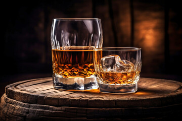 Whiskey drinks. You need to drink whiskey with ice then the whiskey tastes better of an oak barrel. Alcoholic drink with ice whiskey or cognac close-up on the background of an oak barrel for aging.