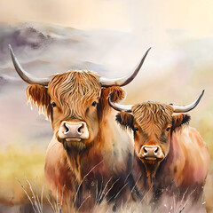 Watercolor Highland Cow Farm Animal IllustrationWatercolor Highland Cow Farm Animal Illustration 