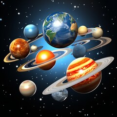 Naklejka premium Colorful solar system with planets . Galaxy discovery and exploration. Realistic planetary system with satellites in deep space illustration. Astronomy science banner.