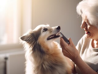 Elderly senior woman brushing a dog with comb brush at home