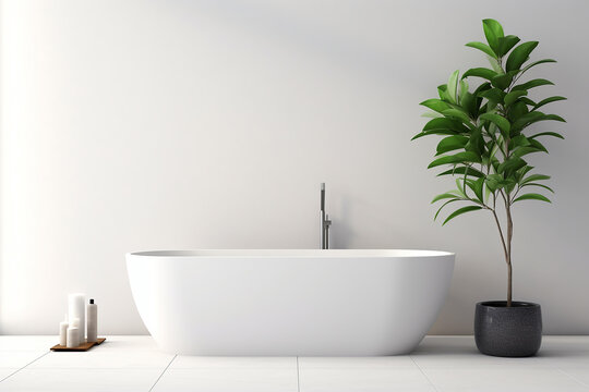 Minimalist interior design of modern bathroom with white bath tub and greenery.