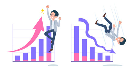 業績アップと業績ダウンを表現するプログラマエンジニア男性のセット