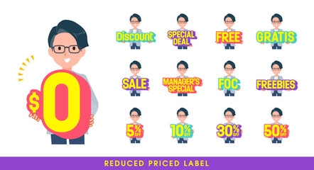 お得な表記を持つプログラマエンジニア男性のセット。英語。編集が容易なベクターアートです。