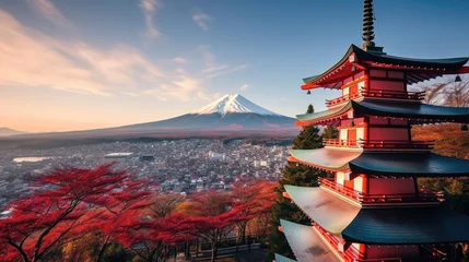 Fotobehang Landmark of japan Chureito red Pagoda and Mt. Fuji in Fujiyoshida, Japan © Sasint