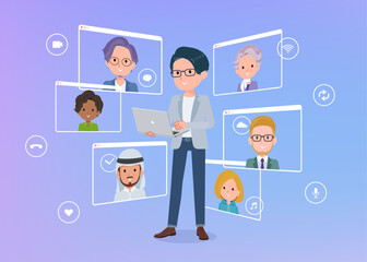 ノートパソコンを使ってオンラインコミュニケーションをとっているプログラマエンジニア男性のセット