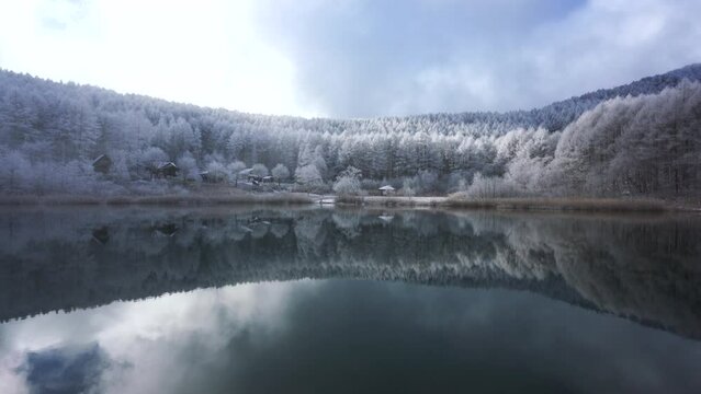 日本の長野県、聖高原の池に映る霧氷の雪景色。
