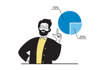 Data analysis concept with people scene in flat web design. Man analyzing diagram with data percentage and making financial reports. Vector illustration for social media banner, marketing material.