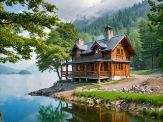 Fototapeta na wymiar AI Generated/ A wooden two-story house with a terrace standing on the shore of the lake among the forest against the backdrop of mountains covered with forest