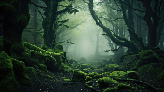 Magic deep forest with moss and fog © Sasint