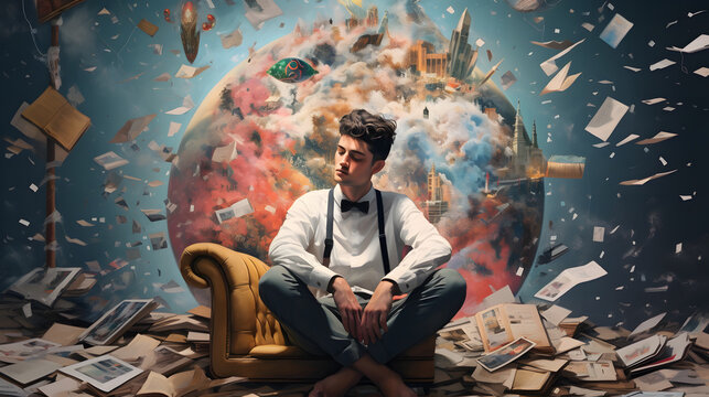 Overthinking Man in Well-Dressed Manner Surrounded by Books and Papers - Generative AI 