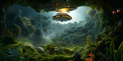 space ship about to landing on jungle to c space ships on the background