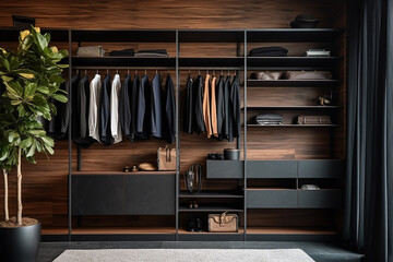 Fototapeta na wymiar Modern dark wooden walk in wardrobe with clothes hanging on rods, shelves and drawers.