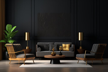 Modern luxury living room interior background, living room interior mockup, interior with black walls, dark interior of living room - obrazy, fototapety, plakaty