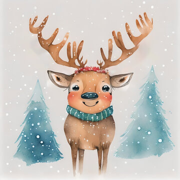 Watercolor Cute Deer With Christmas Tree Illustration 