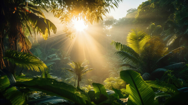 Fototapeta Sunrise in jungle rainforest view through tropical palm tree plants and lush fern foliage. Beautiful sunny morning in magic forest. Exotic nature landscape with wonderful majestic scenery