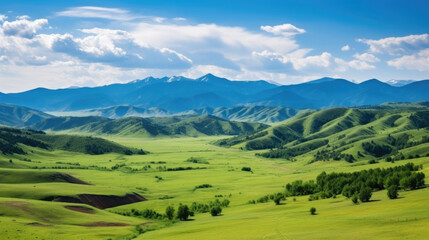 Obraz premium Sweeping vista landscape of the Assy Plateau, a large mountain steppe valley and summer pasture 100km from Almaty, Kazakhstan.