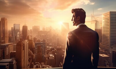 A man in a suit stands on the roof of a tall building and looks into the distance - Powered by Adobe