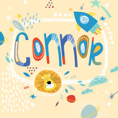 Bright card with beautiful name Connor in planets, lion and simple forms. Awesome male name design in bright colors. Tremendous vector background for fabulous designs